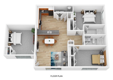 A floor plan of a house with a living room, dining room, kitchen, and bedrooms.